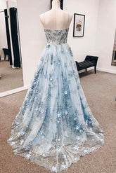 Blue Straps Sweetheart A-Line Floral Appliques Prom Dress, Long Formal Gown